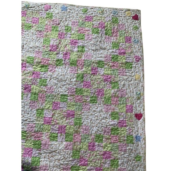 Handmade Patchwork Baby Quilt Pink & Green Floral /Star / Heart Reversible - Picture 11 of 16